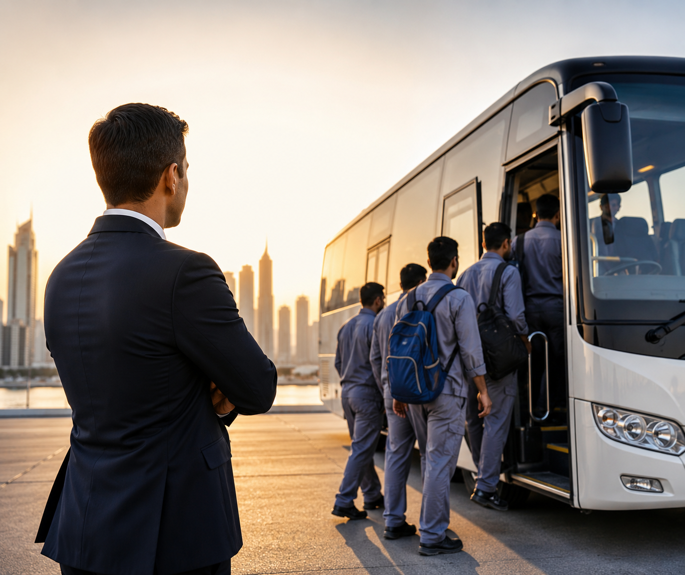 Employees boarding a staff transport bus provided through professional labour transport services for safe and efficient workforce commuting