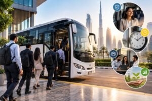 Employee transportation bus helping professionals commute safely and comfortably to work in Dubai